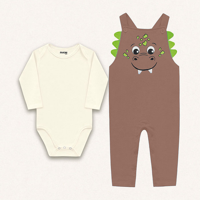 Conjunto body manga longa em suedine e macacão em moletom dino