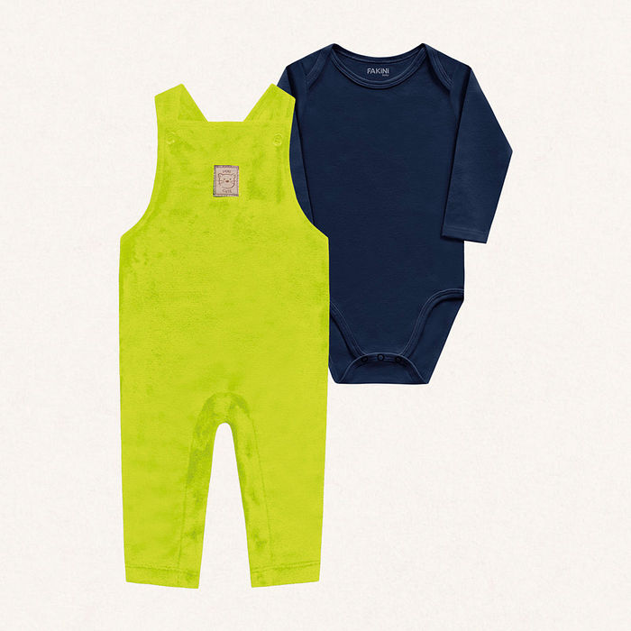 Conjunto body manga longa em meia malha e macacão em tecido fleece