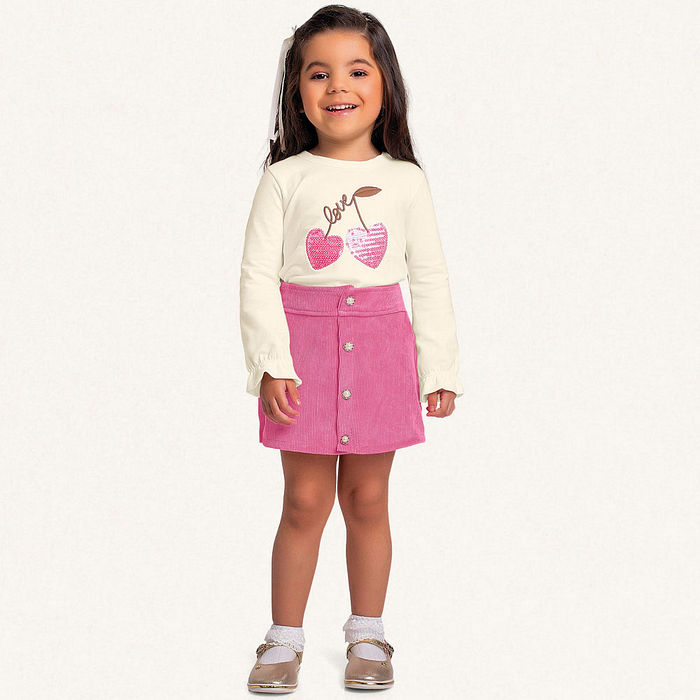 Conjunto blusa manga longa em cotton e short-saia em veludo cotelê cereja