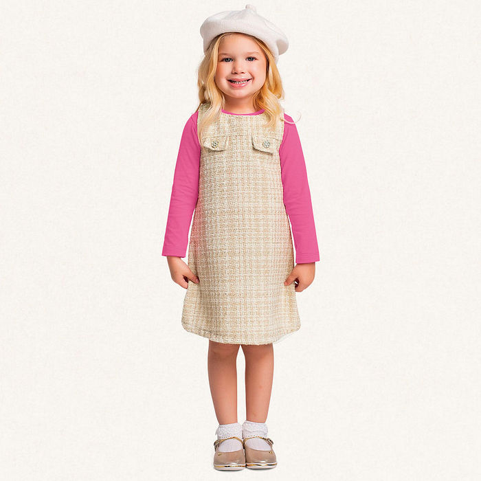 Conjunto blusa manga longa em cotton e vestido em Tweed