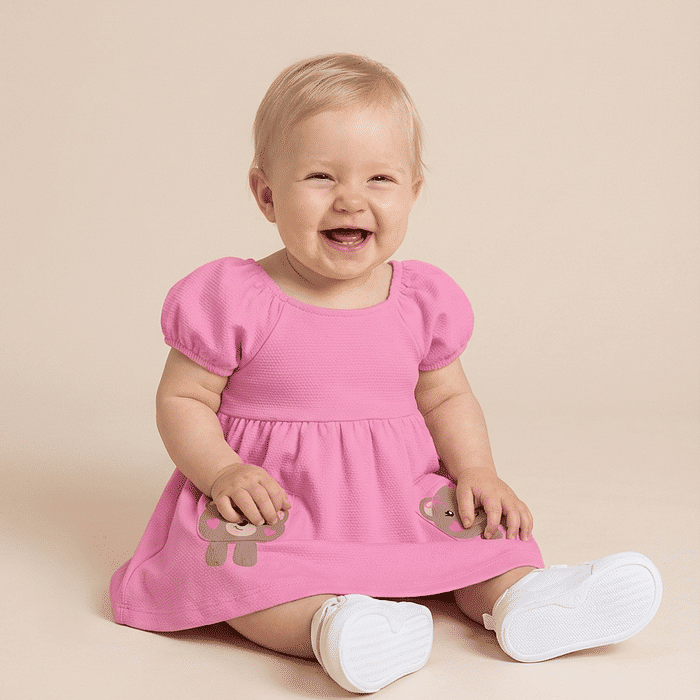 Vestido bebê feminino malha favo com bolsos de bichinhos