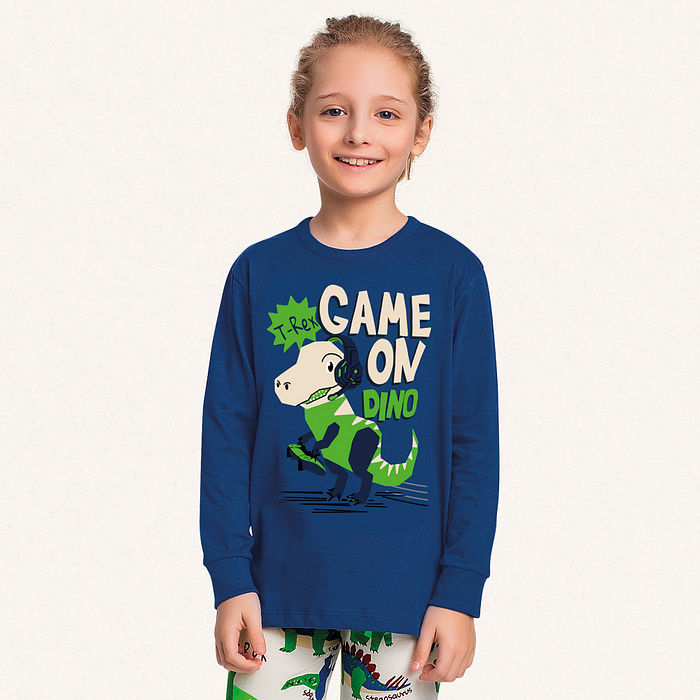 Conjunto pijama camiseta manga longa e calça em meia malha game dino