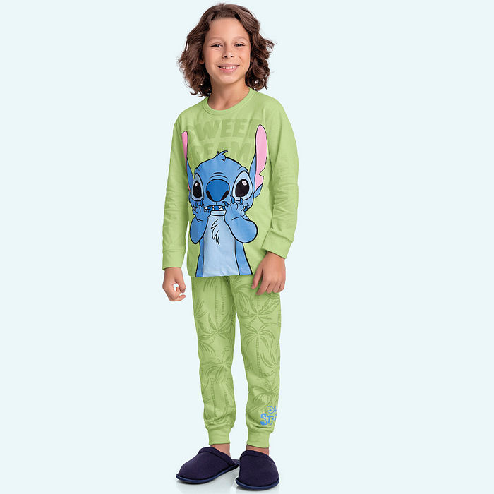 Conjunto pijama camiseta manga longa e calça caribe Stitch