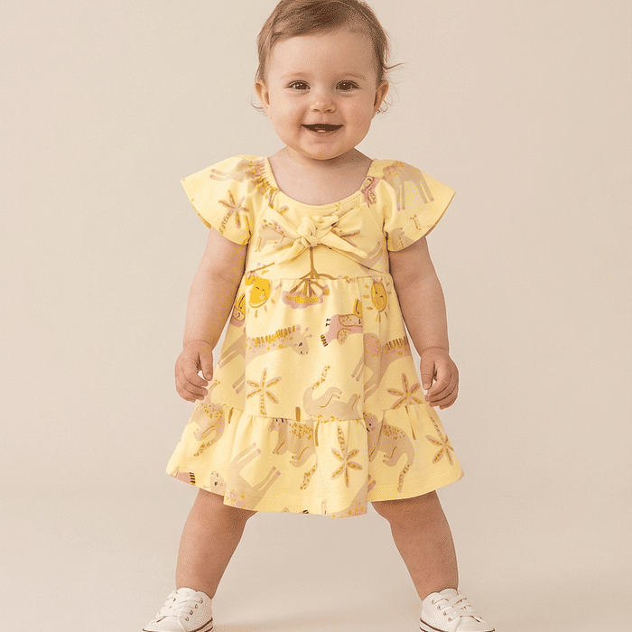 Vestido bebê feminino suedine estampa safari