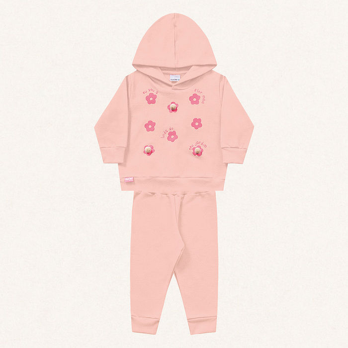 Conjunto blusão com capuz e calça em moletom flores
