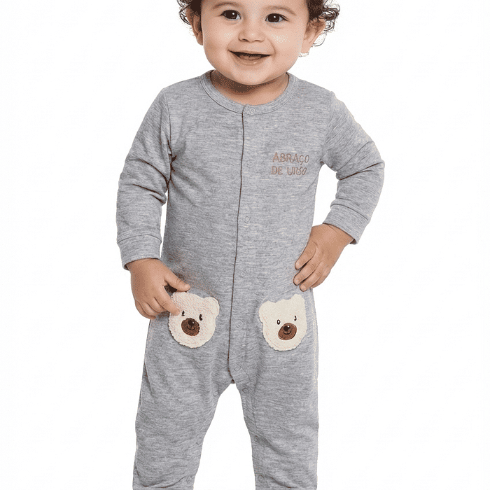Macacão manga longa em meia malha urso