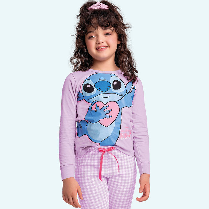 Conjunto pijama blusa manga longa e calça xadrez com laço Stitch