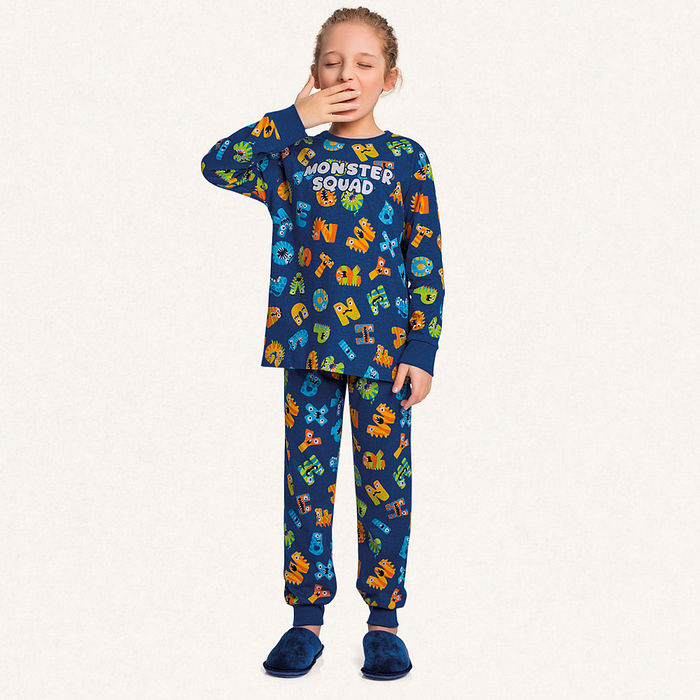 Conjunto pijama camiseta manga longa e calça em meia malha monster