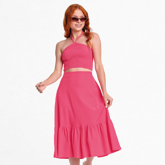 Conjunto top com lastex e alças de amarração e saia midi em malha florence