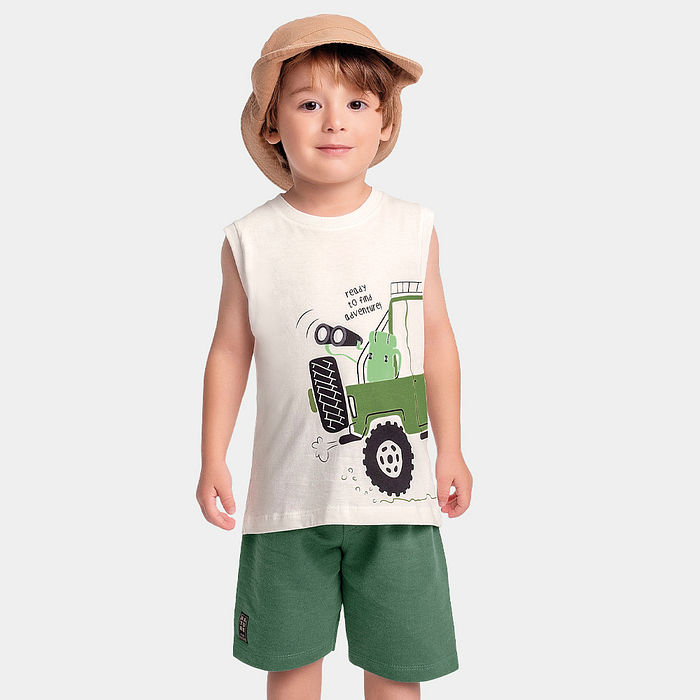 Conjunto regata adventure e bermuda em moletinho flamê