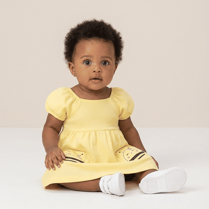 Vestido bebê feminino malha favo com bolsos de bichinhos