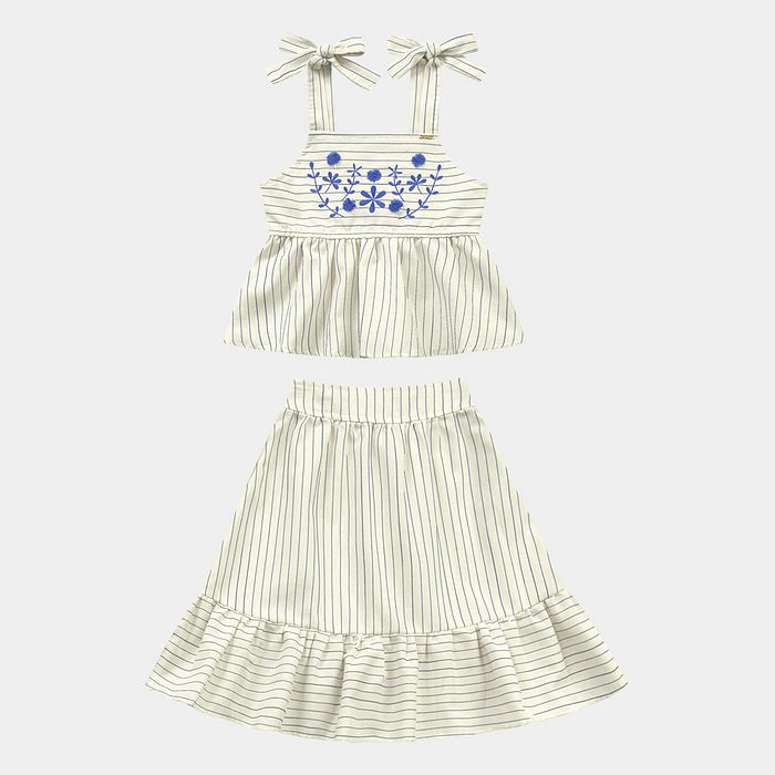 Conjunto regata e saia em tecido ecotex flamê com alças de amarração e bordado