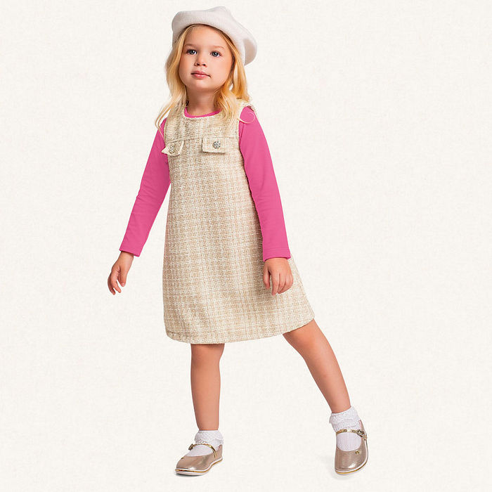 Conjunto blusa manga longa em cotton e vestido em Tweed