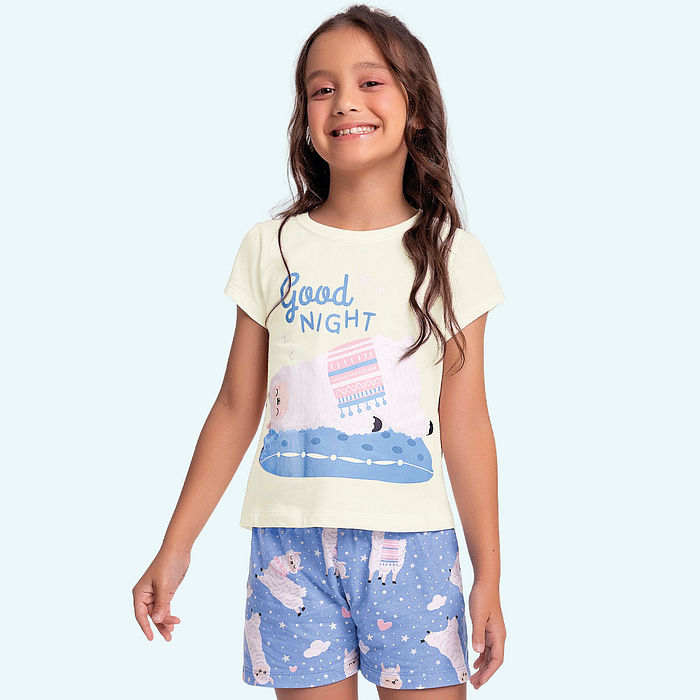 Conjunto pijama blusa e short em meia malha de lhama