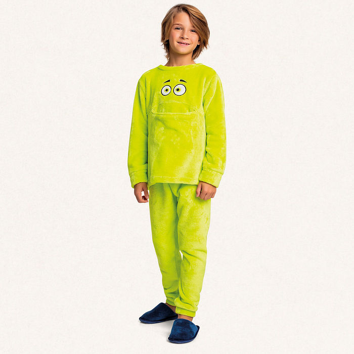 Conjunto blusão e calça em tecido fleece monstro