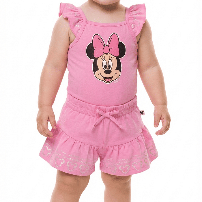 Conjunto body e short em cotton flamê minnie
