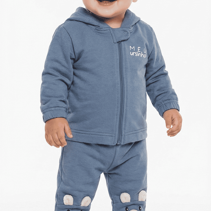 Conjunto jaqueta com capuz e calça em moletom urso