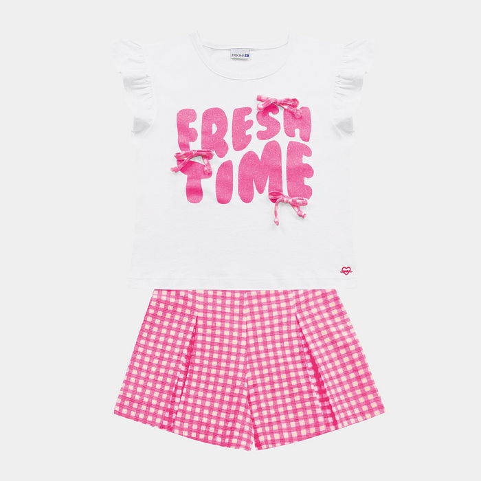 Conjunto blusa com laços e short xadrez