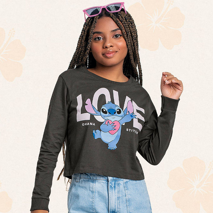Blusa manga longa em meia malha Lilo & Stitch love