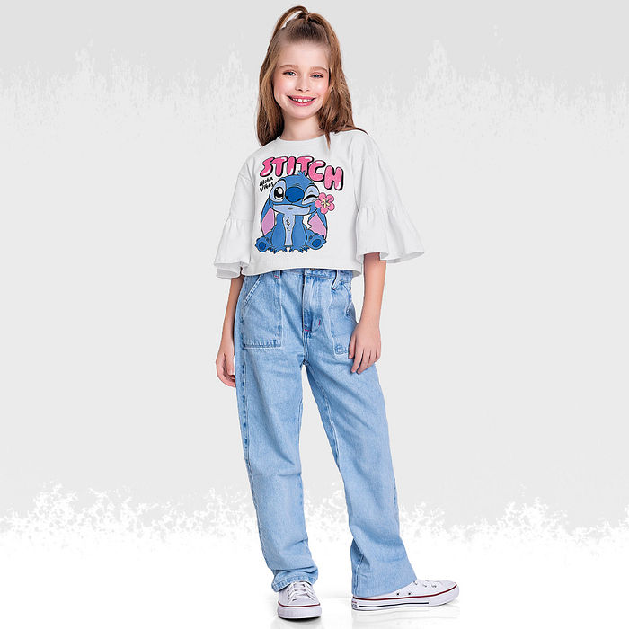 Blusa em meia malha Lilo & Stitch e babado na manga