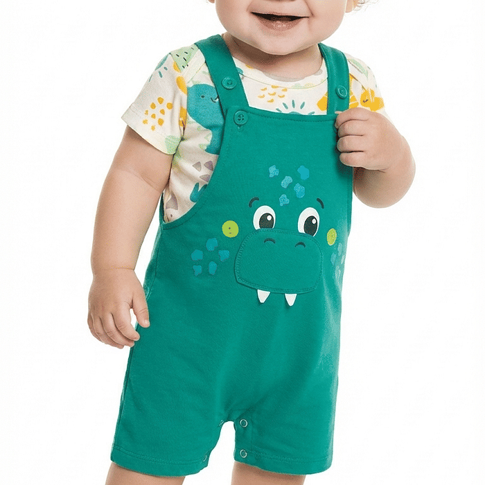 Conjunto body manga curta em suedine e macacão em moletinho dino