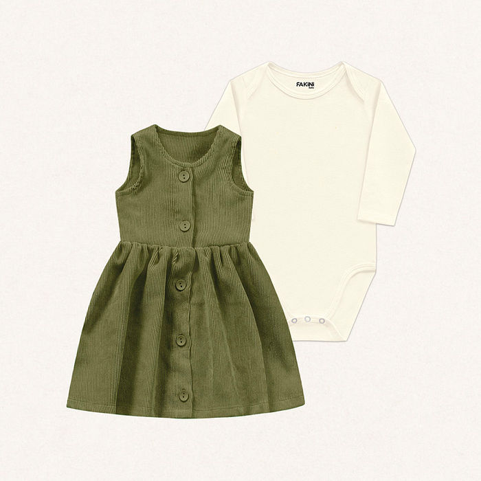 Conjunto body manga longa em cotton e vestido em veludo cotelê