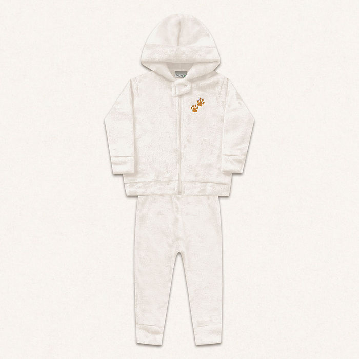 Conjunto jaqueta com capuz e calça em tecido fleece leão