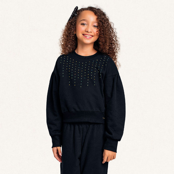 Conjunto blusão e calça wide leg em moletom com strass