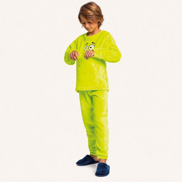 Conjunto blusão e calça em tecido fleece monstro