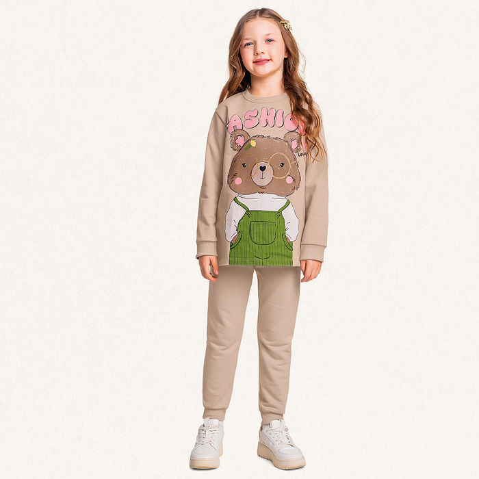 Conjunto blusão e calça em moletom molinê urso