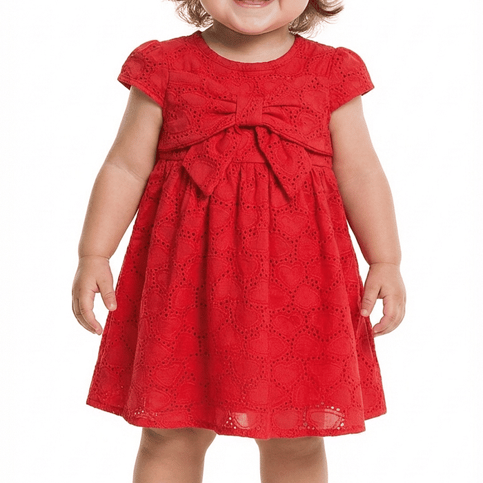 Vestido em laise com elastico na cintura e laço