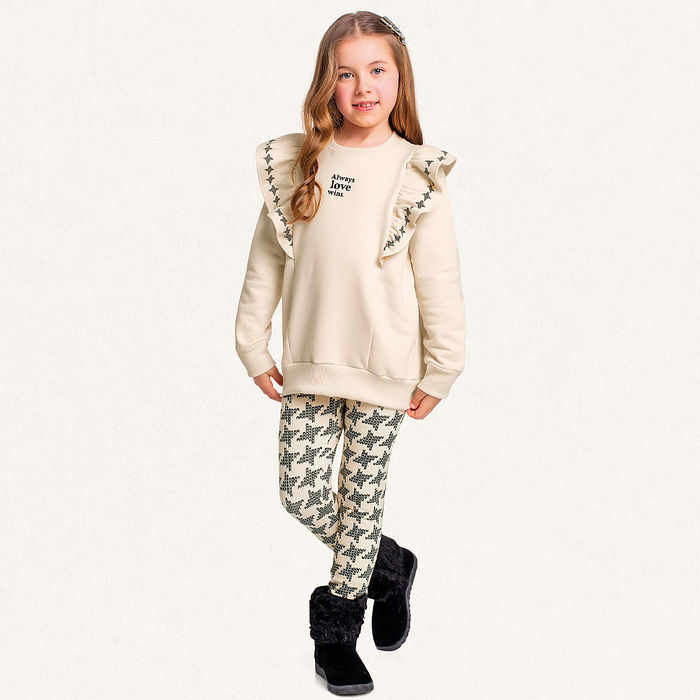 Conjunto blusão com babado estampado em moletom e legging em molecotton