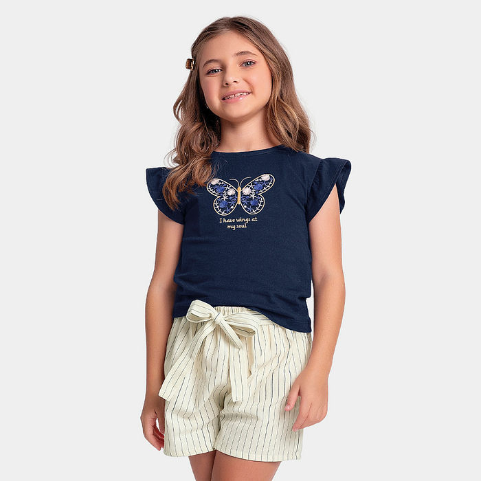 Conjunto blusa de borboleta e short em tecido ecotex flamê