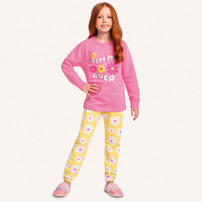 Conjunto pijama blusão e calça em moletom flores