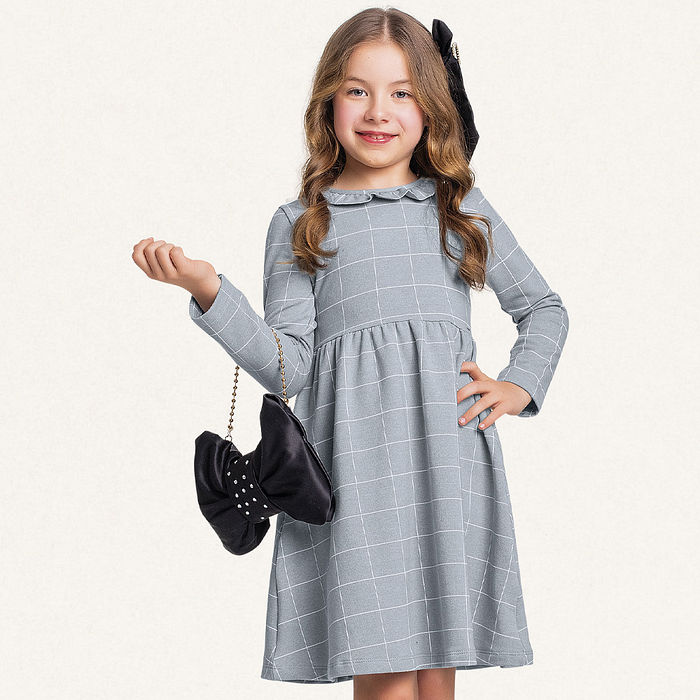 Vestido em molecotton molinê manga longa xadrez