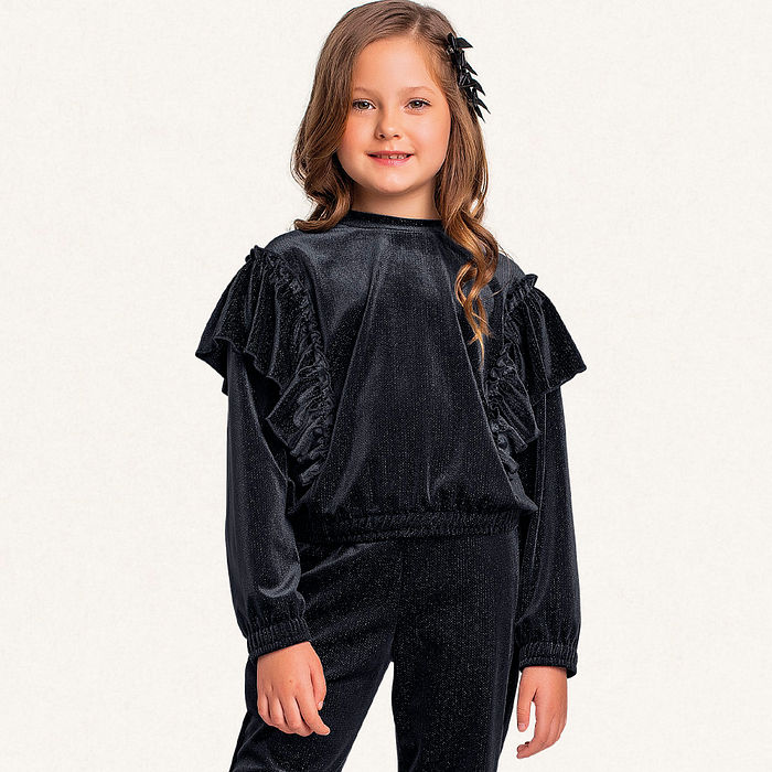 Conjunto blusão com babados e calça em plush lurex