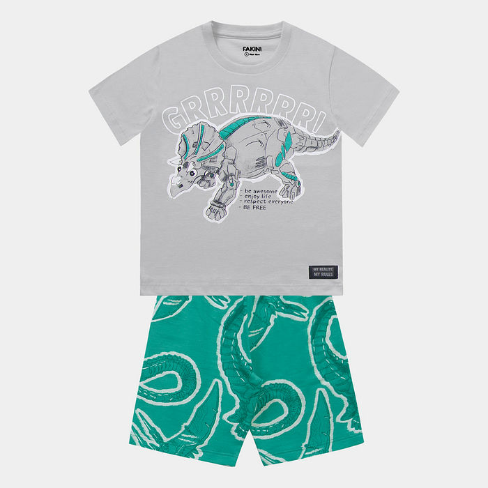Conjunto camiseta e bermuda em moletinho de dinossauro