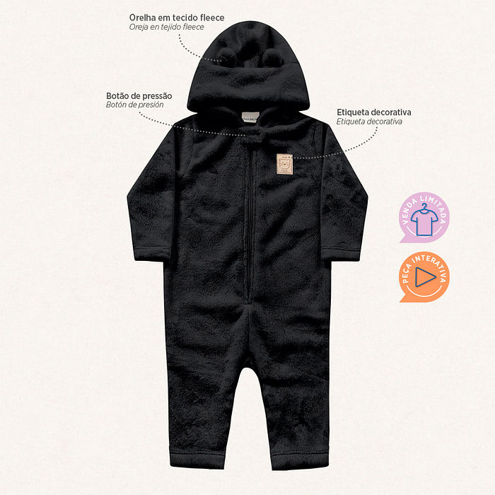 Macacão manga longa com capuz em tecido fleece teddy