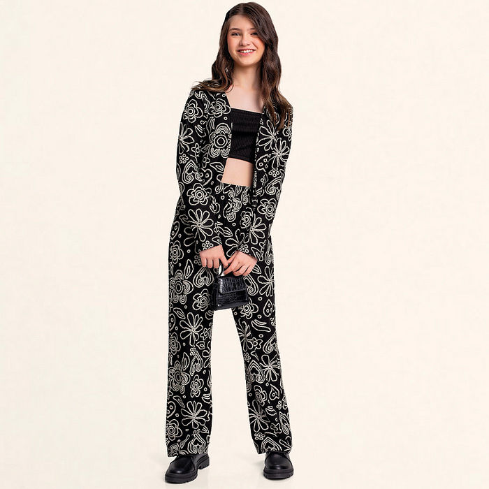 Conjunto casaco aberto, calça em malha florence e top em ribana canelada