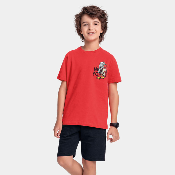 Conjunto camiseta new york e bermuda moletinho com cadarço decorativo e bolso