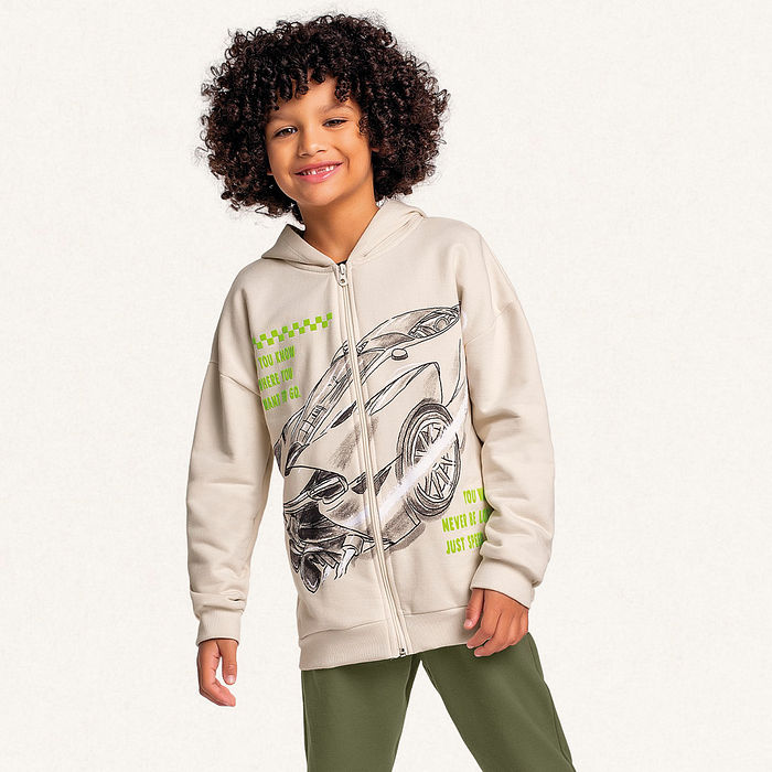 Conjunto jaqueta com capuz e calça em moletom carro