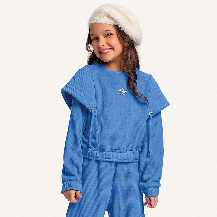 Conjunto blusão e calça wide leg em moletom lótus com cadarço decorativo