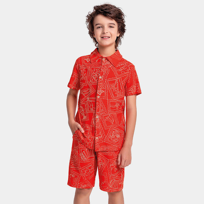 Conjunto camiseta turista e bermuda em moletinho flamê