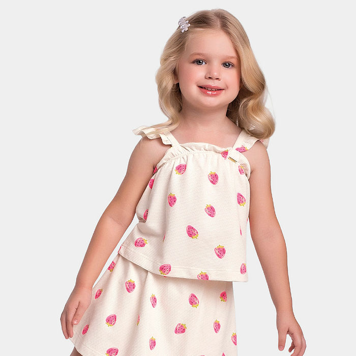 Conjunto bata e short-saia de frutas
