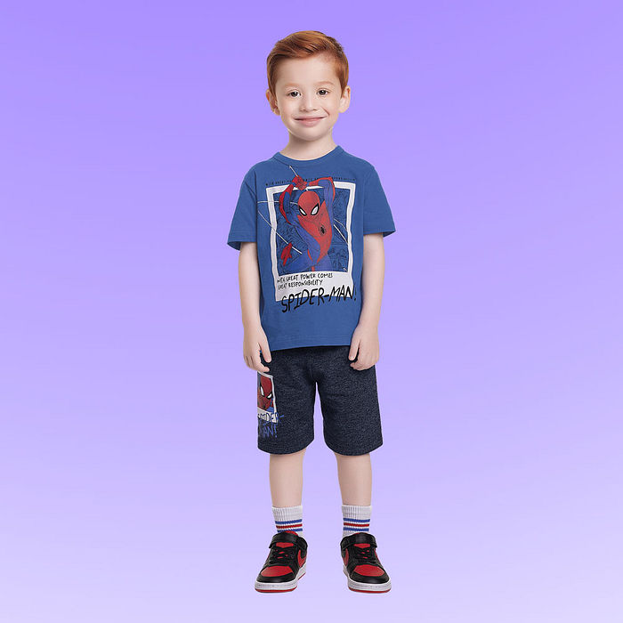 Conjunto camiseta em meia malha e bermuda em moletinho molinê Homem-aranha