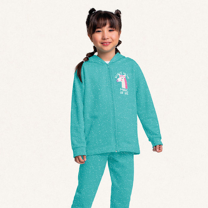 Conjunto jaqueta com capuz e calça em moletom molinê unicórnio