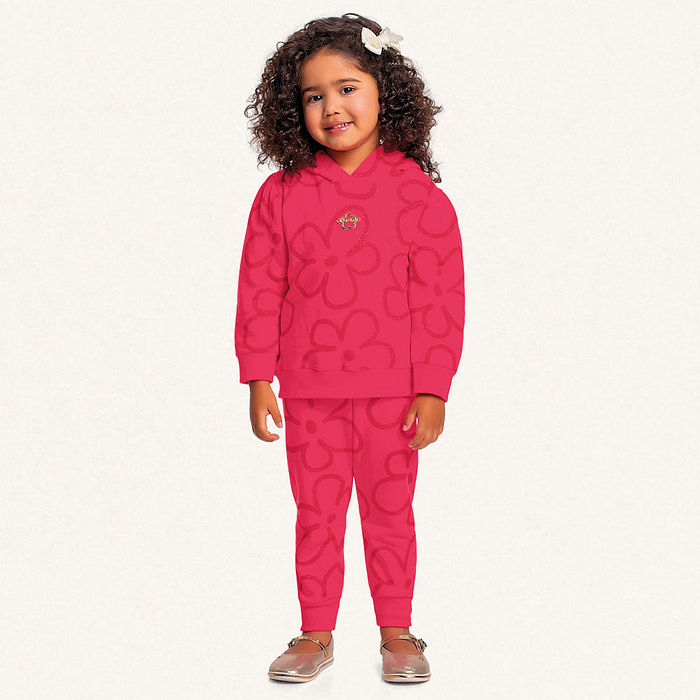 Conjunto blusão com capuz e calça em moletom floral