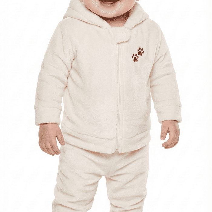 Conjunto jaqueta com capuz e calça em tecido fleece leão