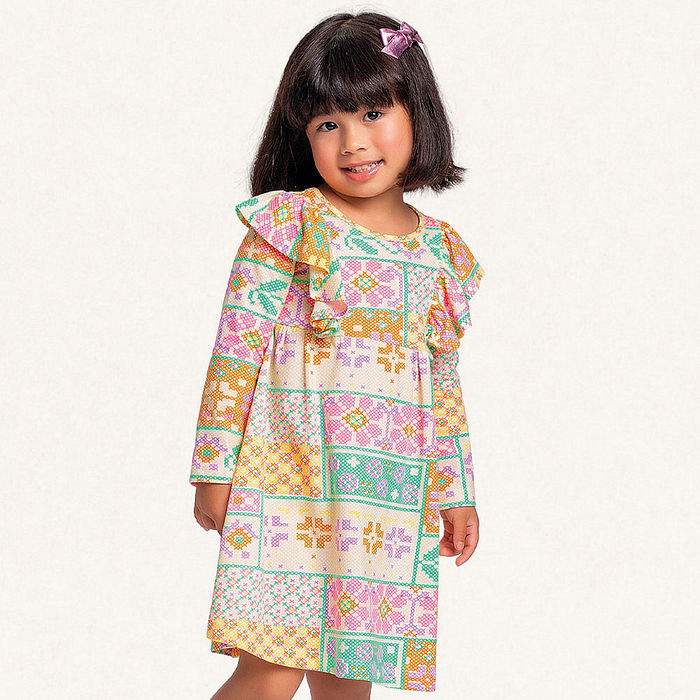 Vestido manga longa em meia malha floral