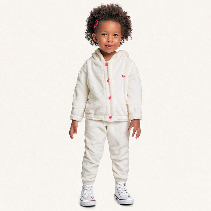 Conjunto casaco aberto com capuz e calça em tecido fleece pompom